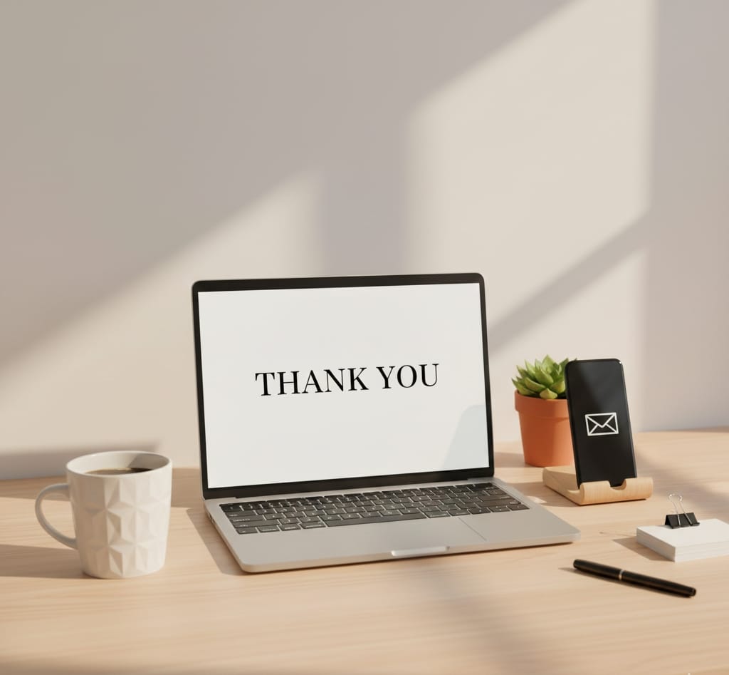 Contact Anuja Gokul - Laptop displaying thank you on a screen.