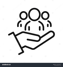 Line art icon of a hand supporting a group of people symbolizing customer care or teamwork