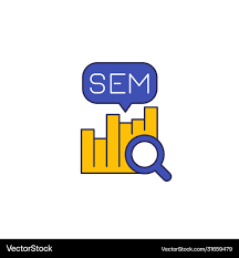 SEM icon with a magnifying glass and bar chart for search engine marketing services