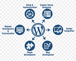 wordpress logo surrounded by various services like custom theme design, plugin development and especially website development