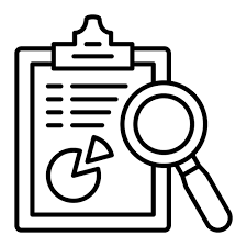 Line art icon of a clipboard with charts and a magnifying glass, representing strategy and research
