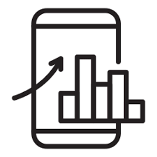 Line art icon of a smartphone displaying a bar chart and an upward arrow symbolizing growth and data analytics
