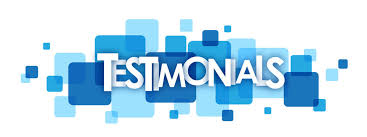Blue graphic banner with the word 'TESTIMONIALS' in white stylized text