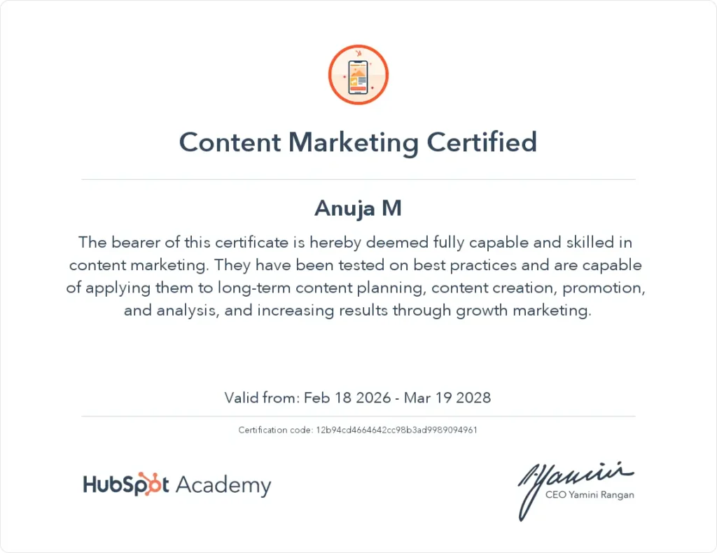 Content Marketing Certificate of Anuja Gokul