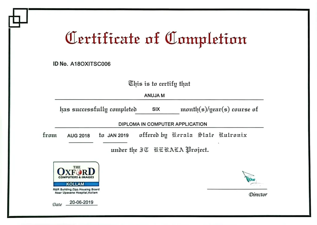 DCA Certificate of Anuja Gokul