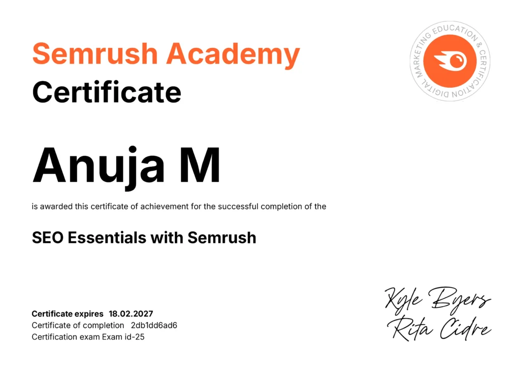 Semrush Academy Certificate of Anuja Gokul